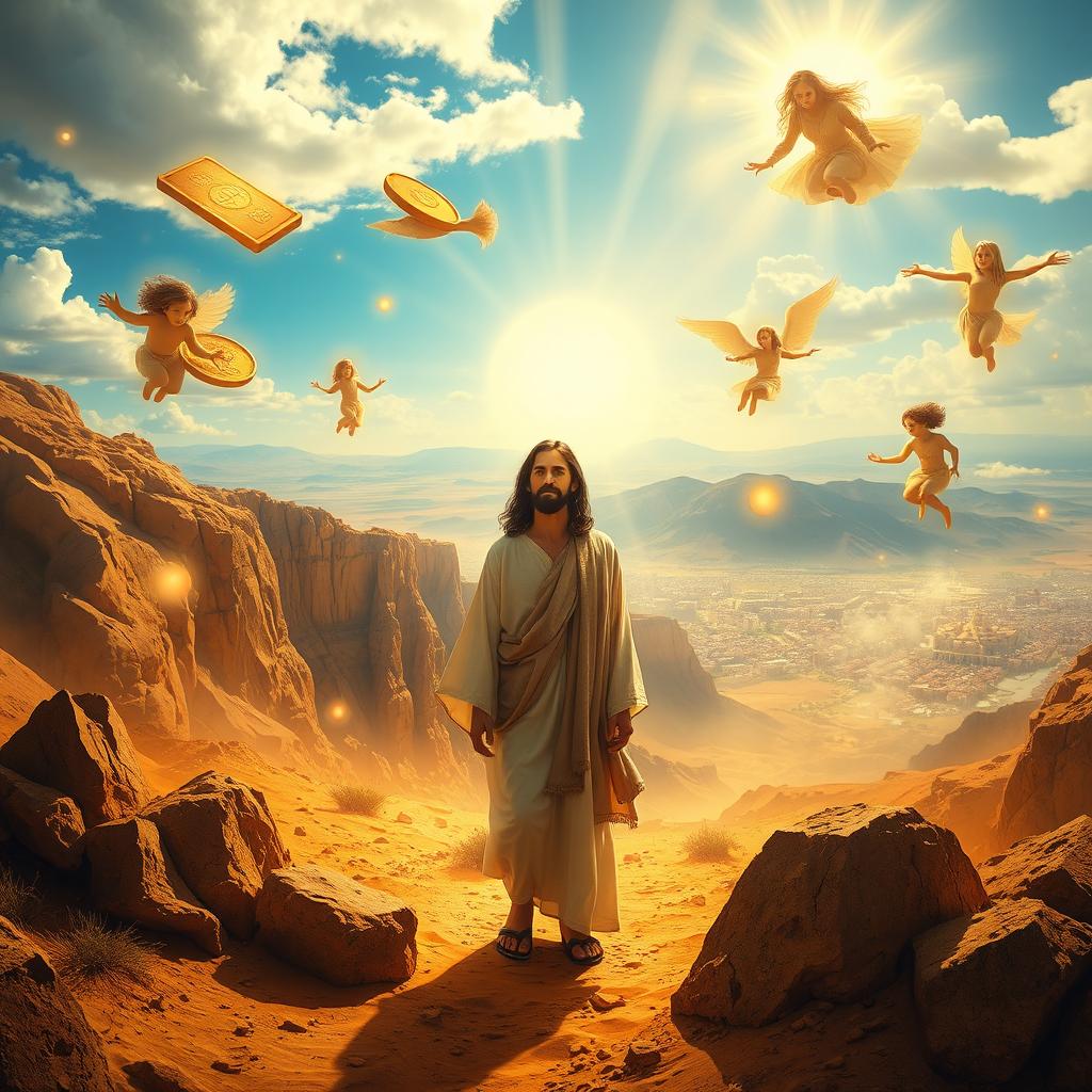 A dramatic interpretation of the temptation of Jesus, showcasing an arid desert landscape with rocky cliffs and a bright blue sky