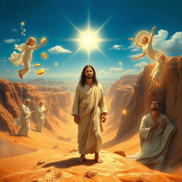 A dramatic interpretation of the temptation of Jesus, showcasing an arid desert landscape with rocky cliffs and a bright blue sky