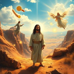 A dramatic interpretation of the temptation of Jesus, showcasing an arid desert landscape with rocky cliffs and a bright blue sky