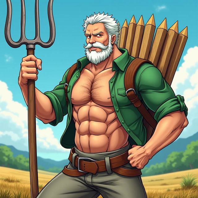 An anime-style illustration inspired by One Piece, featuring an old medieval farmer man with a buff chest and arms, showcasing an impressive 8-pack abs