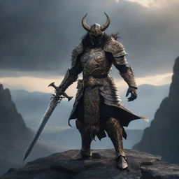 A courageous demon slayer, clad in ornate armor with a gleaming sword, standing in a dramatic pose amid a haunting, shadowy landscape.