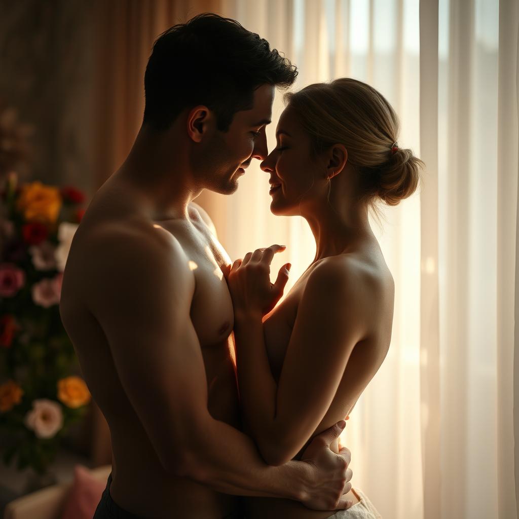 An intimate, romantic setting featuring two adults sharing a tender moment of closeness, with soft lighting casting a warm glow