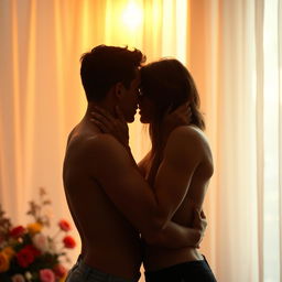 An intimate, romantic setting featuring two adults sharing a tender moment of closeness, with soft lighting casting a warm glow