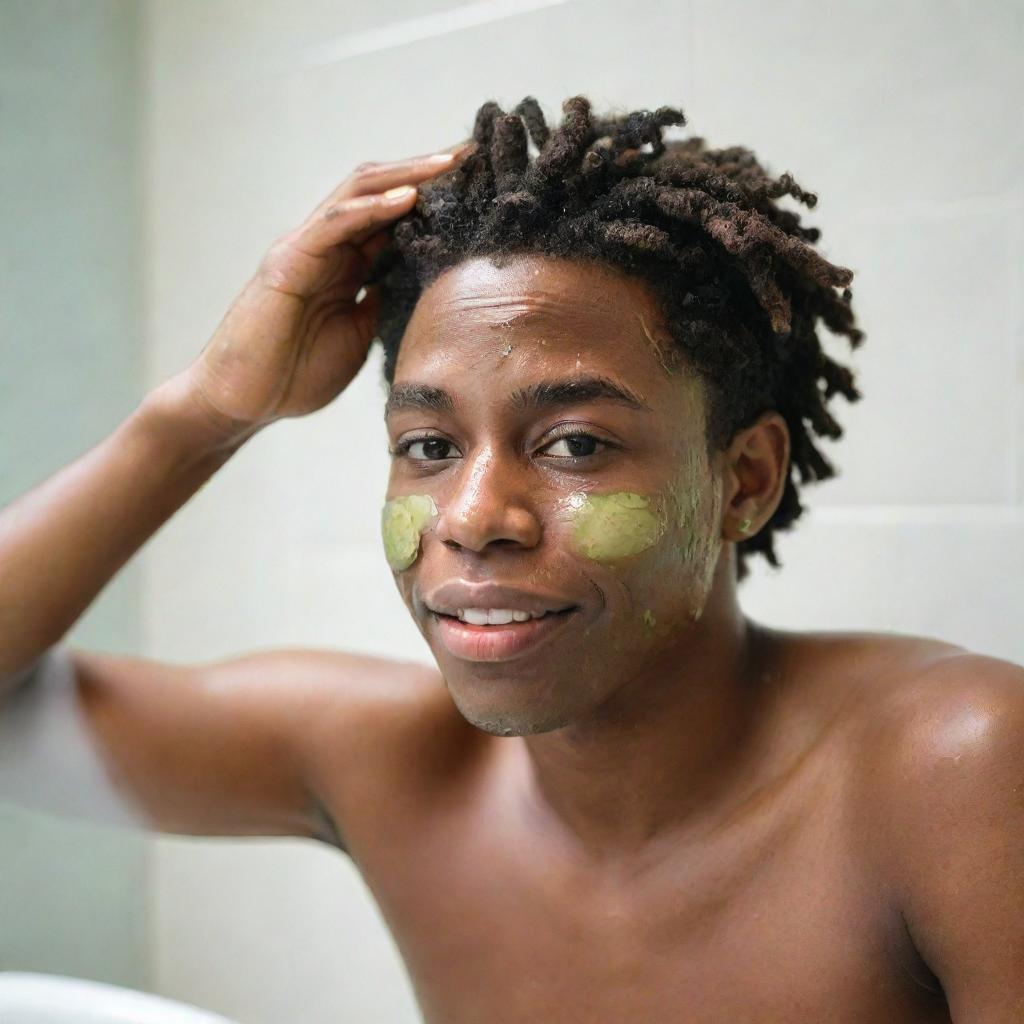 A black teenager boy with locs meticulously attending to his skincare routine, applying cleansing foam and placing cucumber slices on his eyes in a well-lit bathroom space.