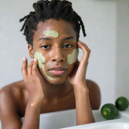 A black teenager boy with locs meticulously attending to his skincare routine, applying cleansing foam and placing cucumber slices on his eyes in a well-lit bathroom space.