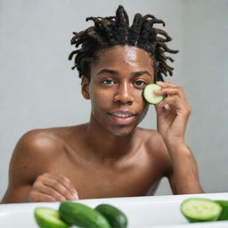 A black teenager boy with locs meticulously attending to his skincare routine, applying cleansing foam and placing cucumber slices on his eyes in a well-lit bathroom space.