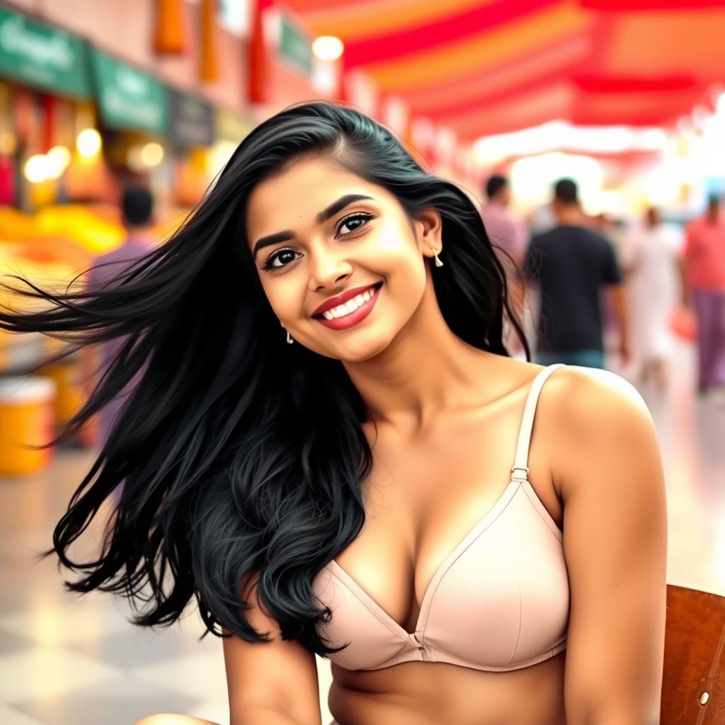 A confident Indian woman sitting in a vibrant public space, wearing a stylish short bra that highlights her figure