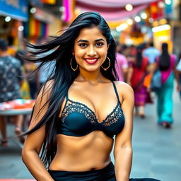 A confident Indian woman sitting in a vibrant public space, wearing a stylish short bra that highlights her figure