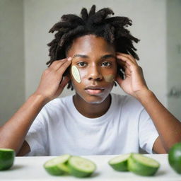 A black teenager boy with locs meticulously attending to his skincare routine, applying cleansing foam and placing cucumber slices on his eyes in a well-lit bathroom space.