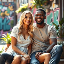 A stunning scene featuring a beautiful blonde woman and a handsome Black man, sitting closely together in a vibrant, urban setting