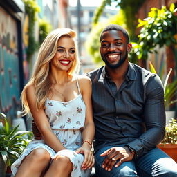 A stunning scene featuring a beautiful blonde woman and a handsome Black man, sitting closely together in a vibrant, urban setting