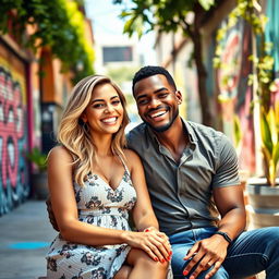 A stunning scene featuring a beautiful blonde woman and a handsome Black man, sitting closely together in a vibrant, urban setting