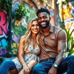 A stunning scene featuring a beautiful blonde woman and a handsome Black man, sitting closely together in a vibrant, urban setting