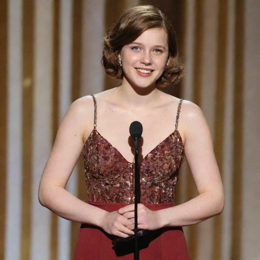 A teenage girl with chestnut hair and butterfly cut, standing on stage delivering a speech while holding her Oscar award.