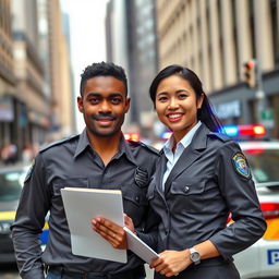 An interracial police couple standing together in a city environment, wearing sleek police uniforms