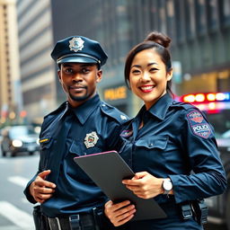 An interracial police couple standing together in a city environment, wearing sleek police uniforms