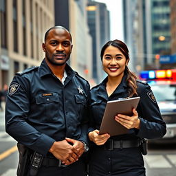 An interracial police couple standing together in a city environment, wearing sleek police uniforms