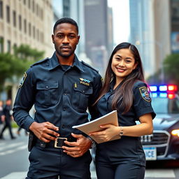 An interracial police couple standing together in a city environment, wearing sleek police uniforms