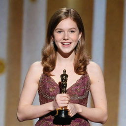 A teenage girl with chestnut hair and butterfly cut, standing on stage delivering a speech while holding her Oscar award.