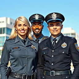 An interracial police couple, showcasing a partnership between a blonde female officer and her partner of a different ethnicity, dressed in smart, professional police uniforms