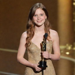 A teenage girl with chestnut hair and butterfly cut, standing on stage delivering a speech while holding her Oscar award.