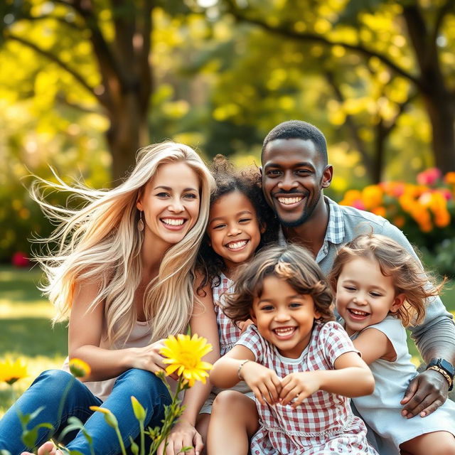 An interracial couple featuring a beautiful blonde woman and her loving partner, surrounded by their joyful children