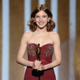 A teenage girl with chestnut hair and butterfly cut, standing on stage delivering a speech while holding her Oscar award.