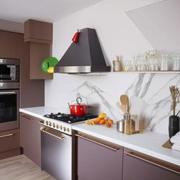 Show an example of a beautifully designed and furnished kitchen interior.