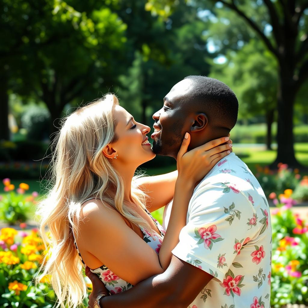 A romantic scene featuring a black man passionately kissing a blonde woman