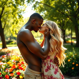 A romantic scene featuring a black man passionately kissing a blonde woman