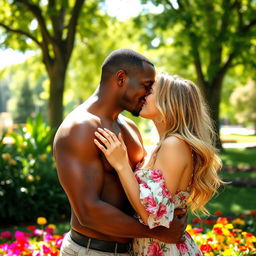 A romantic scene featuring a black man passionately kissing a blonde woman