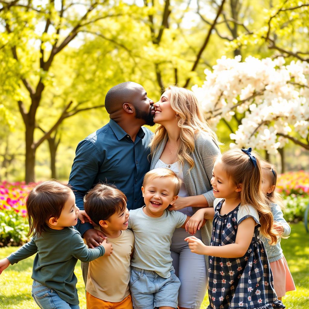 A loving scene featuring a joyful black man kissing a beautiful blonde woman in an affectionate manner