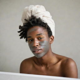 A candid portrait of a real-life black teenager boy with locs deeply engrossed in his skincare routine, applying a face mask, exfoliating his skin, or moisturising with a serene expression in his personal space.