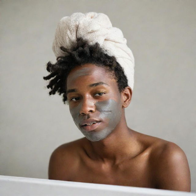 A candid portrait of a real-life black teenager boy with locs deeply engrossed in his skincare routine, applying a face mask, exfoliating his skin, or moisturising with a serene expression in his personal space.