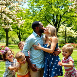 A loving scene featuring a joyful black man kissing a beautiful blonde woman in an affectionate manner