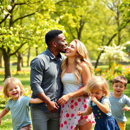 A loving scene featuring a joyful black man kissing a beautiful blonde woman in an affectionate manner