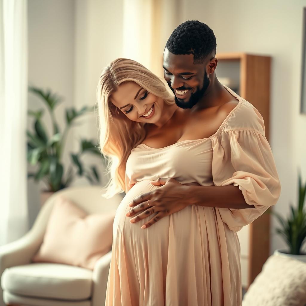 A loving scene depicting an attractive Black man gently kissing the pregnant belly of his beautiful blonde wife