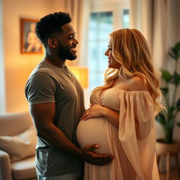 A loving scene depicting an attractive Black man gently kissing the pregnant belly of his beautiful blonde wife