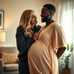 A loving scene depicting an attractive Black man gently kissing the pregnant belly of his beautiful blonde wife