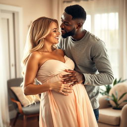 A loving scene depicting an attractive Black man gently kissing the pregnant belly of his beautiful blonde wife