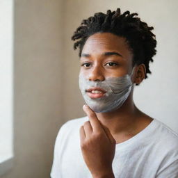 A candid portrait of a real-life black teenager boy with locs deeply engrossed in his skincare routine, applying a face mask, exfoliating his skin, or moisturising with a serene expression in his personal space.