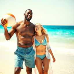 A joyful scene at the beach featuring a black man and his blonde wife