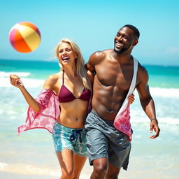 A joyful scene at the beach featuring a black man and his blonde wife