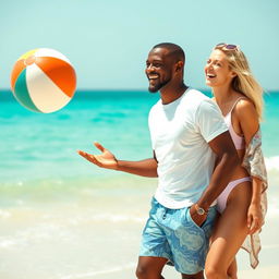 A joyful scene at the beach featuring a black man and his blonde wife