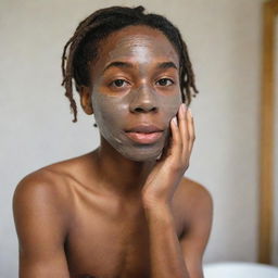 A candid portrait of a real-life black teenager boy with locs deeply engrossed in his skincare routine, applying a face mask, exfoliating his skin, or moisturising with a serene expression in his personal space.