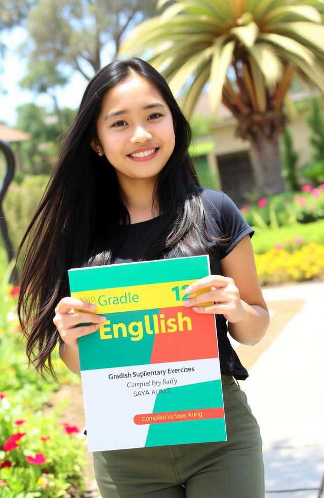 A young woman holding a book titled 'Grade 12 English Supplementary Exercises Compiled by Saya Aung', standing in a lush, beautiful environment