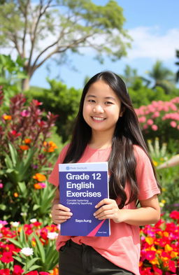 A young woman holding a book titled 'Grade 12 English Supplementary Exercises Compiled by Saya Aung', standing in a lush, beautiful environment