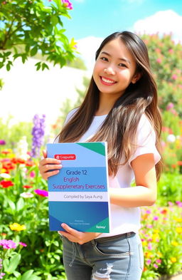 A young woman holding a book titled 'Grade 12 English Supplementary Exercises Compiled by Saya Aung', standing in a lush, beautiful environment