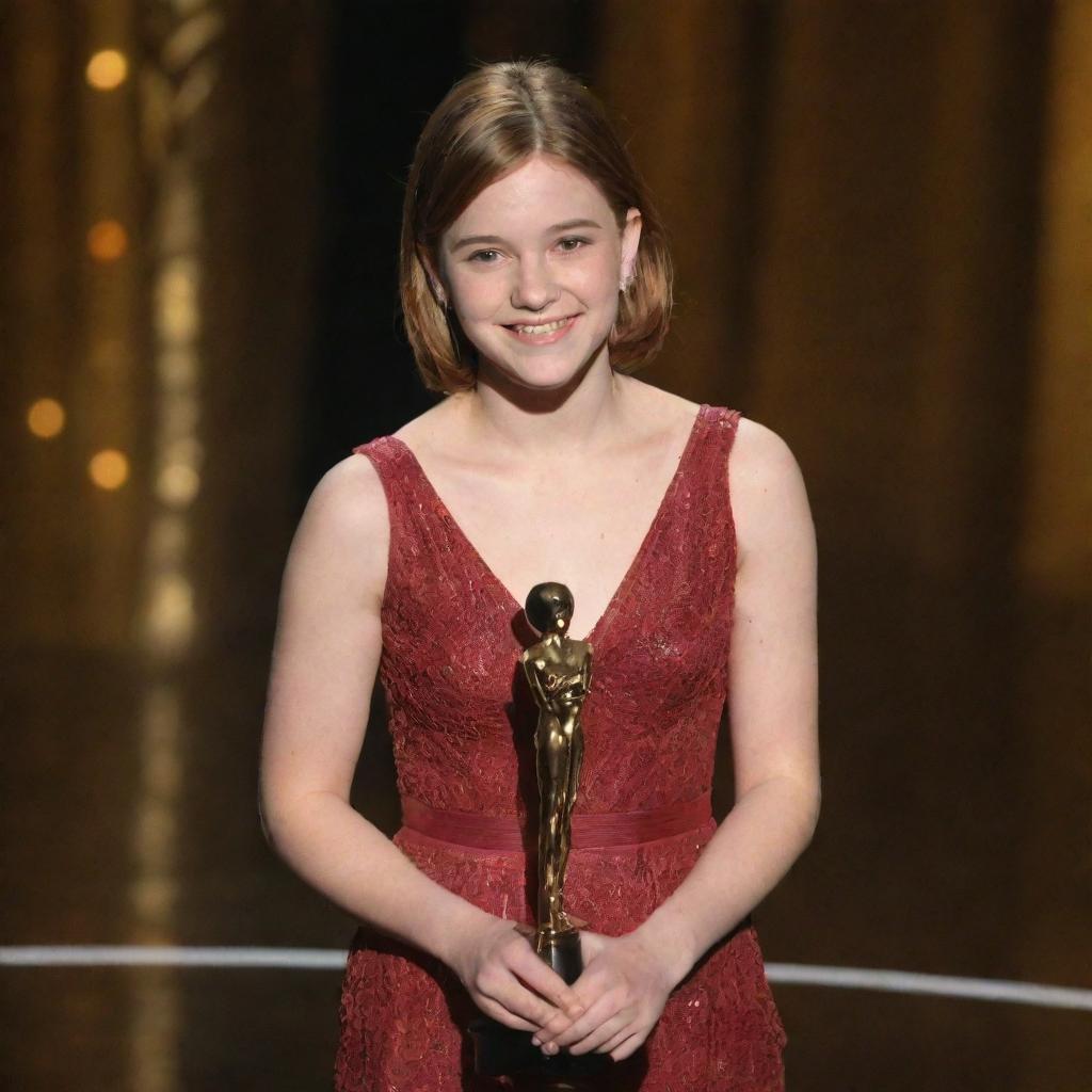 A teenage girl with chestnut hair in a butterfly cut, standing on a stage delivering a speech with her Oscar award in hand.