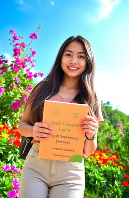 A young woman holding a book titled 'Grade 12 English Supplementary Exercises Compiled by Saya Aung', standing in a lush, beautiful environment